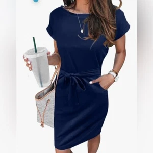 NEW Short Sleeve T Shirt Midi Tie Waist Pockets Dress M - Picture 1 of 5
