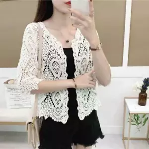 Women Knit Lace Shrug Hollow Crochet Floral 3/4 Sleeve Open Front Crop Cardigan - Picture 1 of 2