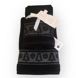 34th & Pine Schwarz Gold Glitzer Handtuch Set 2 Hand 1 Badetuch Bäume Schneeflocken Neu mit Etikett - Bild 1 von 4