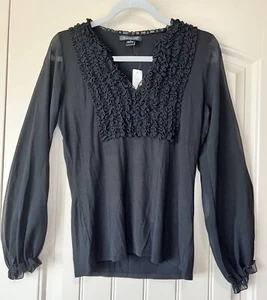 August Silk Top Black V-Neck Long Sheer Sleeves Women’s Small - Picture 1 of 9