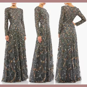 Abito A-Line Nuovo con etichette Mac Duggal [22] Paillettes a maniche lunghe a maniche lunghe antracite #S734 - Foto 1 di 15