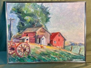 Old Oil Painting American House Barn Landscape Farm Impressionist Art Irma KEEHN - Picture 1 of 15