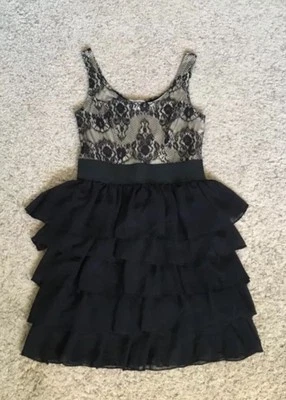 Delias Junior Dress S Black Lace Over Nude Tiered Nylon Sleeveless - Image 1 of 3
