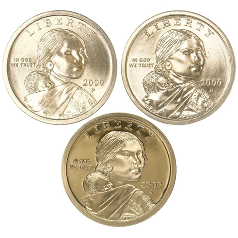 2000 P D S Native American Sacagawea Dollar Year Set Proof & BU US 3 Coin Lot Cover