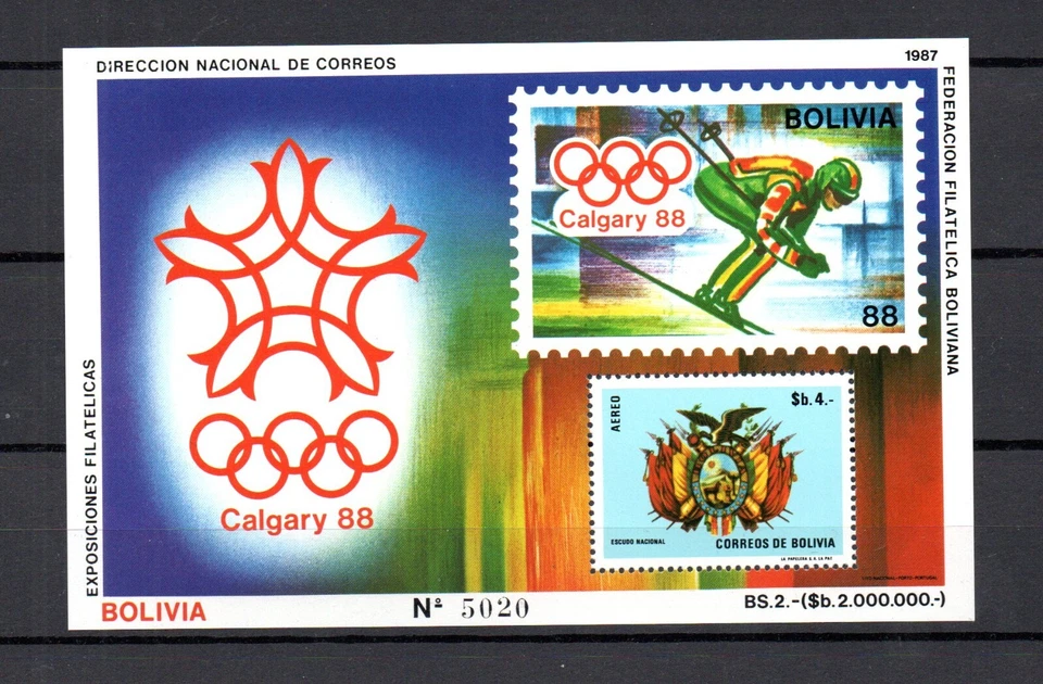 Bolivia 1987 set Olympics/Clgary stamps (Michel Block 165) MNH - Image 1 of 1