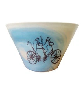 Studio Art Pottery Cats Cat riding Bicycle Bella Joy Pottery Plainwell MI - Picture 1 of 7