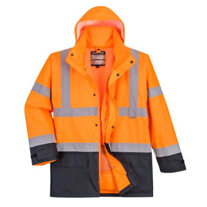 Portwest Hi-Vis Executive 5-in-1 Hooded Waterproof Jacket 7 Pockets Safety Coat