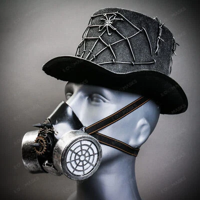 Sombrero de copa plateado de tela de araña de Halloween con máscara facial plateada para fiesta de gas Foto 1 de 4