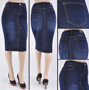 Gonna donna denim stretch 26" lunghezza polpaccio matita dritta senza fessura scuro WG-77103 - Foto 1 di 2