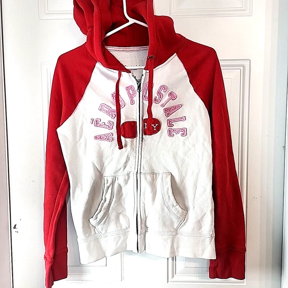 Suéter Atlético Aeropostale Mujer Talla Mediana Blanco/Rojo Cremallera Completa Sudadera con Capucha Foto 1 de 4