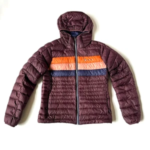 Cotopaxi Women XS Fuego Jacket Down Puffer Hooded Orange pink Blue Stripe Purple - Bild 1 von 9
