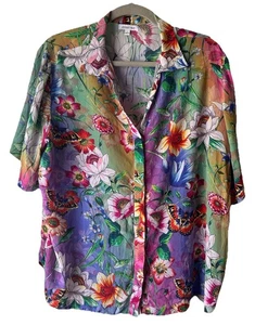 JOHNNY WAS Carolyn 100% Silk Pajama Top Size Large Shirt Floral Butterfly Blouse - Picture 1 of 7