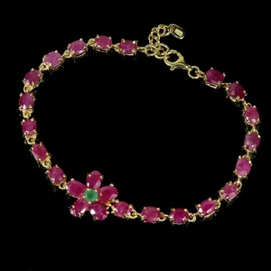 925 Sterling Silver Bracelet Oval Ruby 6x4mm Emerald Gemstone Flower Jewelry 8in - Picture 1 of 14