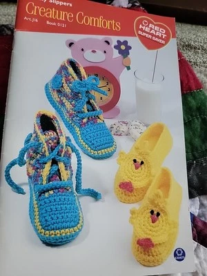CREATURE COMFORTS ~ FAMILY SLIPPERS to Knit & Crochet Coats & Clark Booklet 0121 - Image 1 of 4
