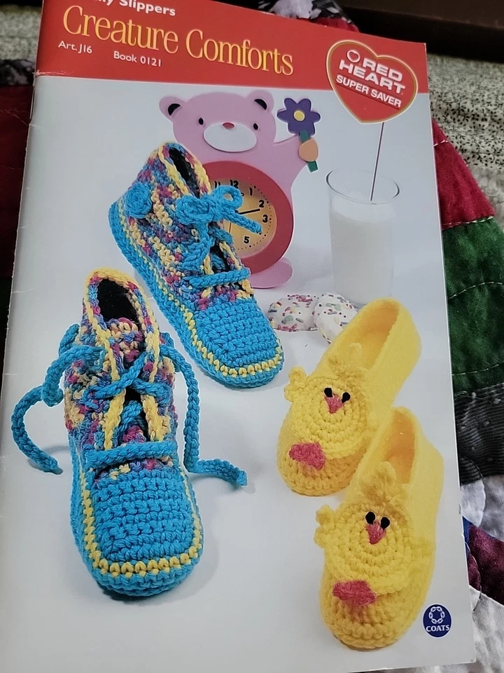CREATURE COMFORTS ~ FAMILY SLIPPERS to Knit & Crochet Coats & Clark Booklet 0121 - Image 1 of 4