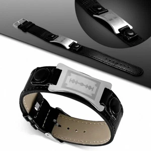 Bracelet homme cuir PVC noir plaque lame de rasoir - Imagen 1 de 1
