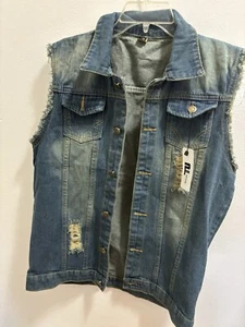 Pishon NEW Distressed Denim Vest Jean Biker Jacket Girls Womens Size Small S NWT - Picture 1 of 2
