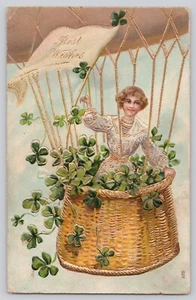 VTG Postcard Best Wishes Pretty Woman Hot Air Balloon Basket Shamrocks c1910 - Picture 1 of 3