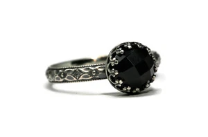 8mm Rose Cut Black Onyx Ring Symmetrical Flower Crown 925 Sterling Silver - Picture 1 of 5