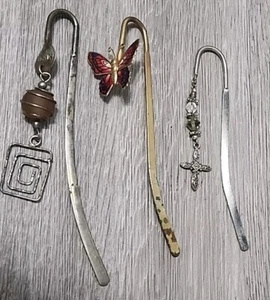 Vintage 3Pc Bookmark From Estate. Silver & Bronze. Butterfly Libris Cross Jewels - Picture 1 of 6