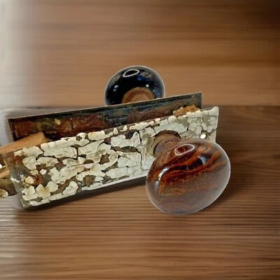 Porcelain Doorknobs Brown Tiger Striped Black with Door Plates and Spindle - Image 1 of 4