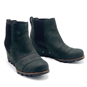 Sorel Mujer Lea Bota al Tobillo Talla 9.5 Negro Cuero Nubuck Tacón de Cuña Gorres Elásticos - Imagen 1 de 13