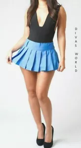 Plain Blue Pleated Short Skirt High Waist Women's Girls Micro Mini Plaid Kilt - Picture 1 of 33
