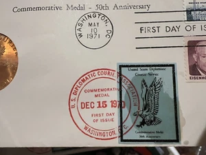 Bronze Coin US Diplomatic 50th Year Commemorative Courier Service Coin & Cachet - Picture 1 of 5