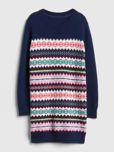 New Gap Kids Girl Fair Isle Navy Blue Long Sleeve Crew Sweater Dress 6 7 8 10 12 - Picture 1 of 4