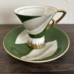 Vintage Ucagco Art Deco Green Gold Leaf China Teacup & Saucer Japan Mid Century - Picture 1 of 23