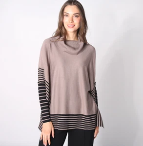 Nina Leonard Wasserfallausschnitt Poncho Pullover Gr. Small Nerz/Schwarz Neu QVC j3 - Bild 1 von 7