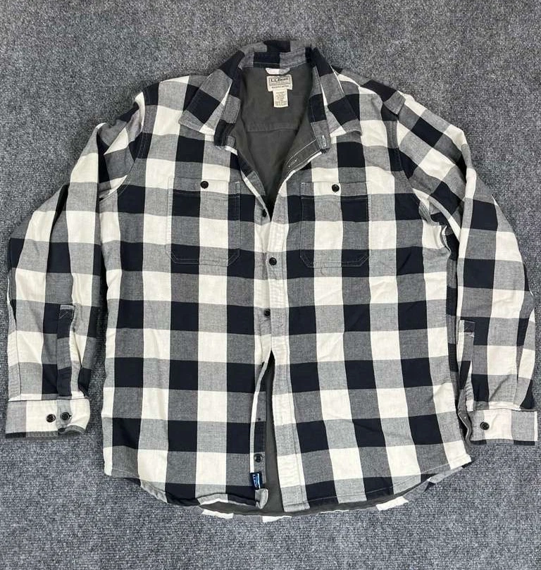 LL Bean Shacket Mens Large White Black Buffalo Plaid Fleece Lined Flannel Shirt - Image 1 of 4