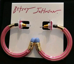Betsey Johnson Book Smart Pink Enamel Pencil Hoop Earrings NWT - Picture 1 of 3