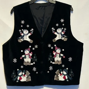 Snowman Christmas Vest Embroidered Ice Skates Sz Large Ugly Sweater Grandmacore - Picture 1 of 6