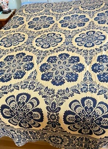Antico copriletto jacquard floreale indaco ed ecrù XIX secolo ZZ458 - Foto 1 di 9