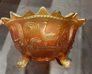 Peacock at the Fountain Marigold Northwood Carnival Glass Fruit Bowl 10.5 inch - Picture 1 of 5