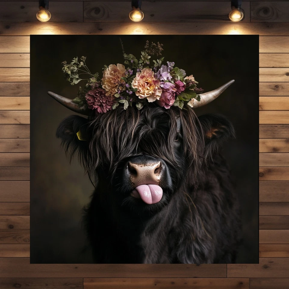 Freches Hochlandrind Luzy – Lustiges Kuh Leinwandbild mit Blumenkranz | Wanddeko - Bild 1 von 4