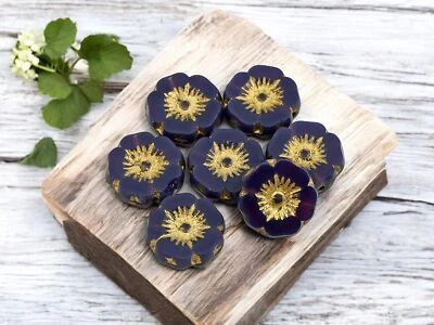 12mm Gold Washed Purple Opaline Hawaiian Flower Czech Glass Beads 12 Beads - Image 1 of 4