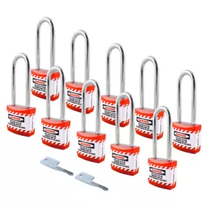 Lockout Long Shackle Jacket Padlocks - Keyed Alike, Pack of 10 (Red) - Picture 1 of 1