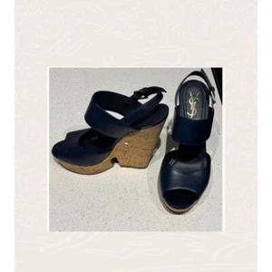 Yves Saint Laurent Womens Deauville Cork Heel Wedge Sandals Black Size 39 - Picture 1 of 12