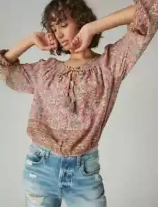 Top Lucky Brand Talla XXL Púrpura Floral Campesino Cintura Calada Algodón Nuevo con Etiquetas Fu239 - Imagen 1 de 9