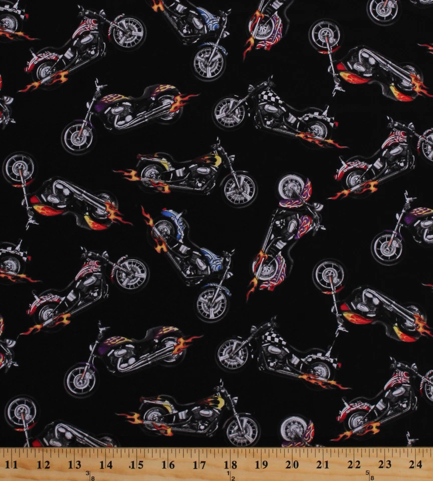 Motocicletas Choppers Flames Racing estampado de tela de algodón negro por yarda D787.61 Foto 1 de 1