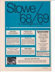 1969 Stowe Ski Resort 2 pg Ad / List of Hotels, Lodges, Inns/ Great History - Picture 1 of 1