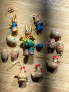 Wooden Hand painted Easter Rabbit ,Eggs and Chickens Hanging Ornaments Lot of 13 - Picture 1 of 6