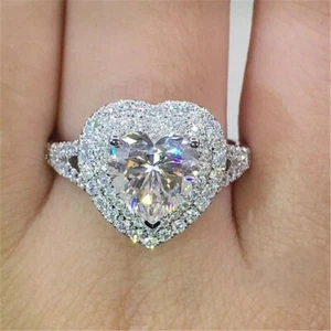 3 Ct Heart Cut Real Moissanite Double Halo Engagement Ring 14K White Gold Plated - Picture 1 of 4
