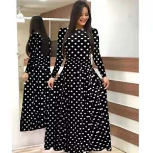 Elegant Polka Dot Long Sleeve Midi Dress for Women - Stylish and - Picture 1 of 11