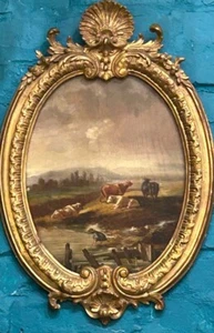 Antique Oil Painting on Panel Shepherd and Flock in Gilded Oval Wood Frame 19th - Picture 1 of 12