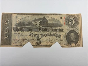 April 6, 1863 $5 Confederate States of America Note T-60 - Picture 1 of 2