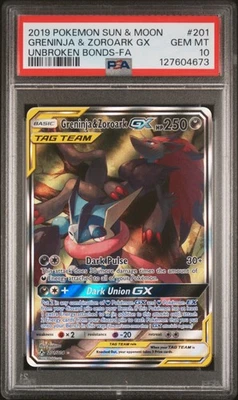 2019 POKEMON SUN & MOON UNBROKEN BONDS FULL ART/GRENINJA & ZOROARK GX PSA 10 - Image 1 of 2