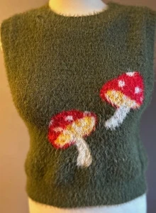 Forever 21 Green Fuzzy Mushroom Sweater Vest - Size M - Picture 1 of 4